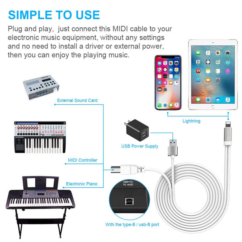 [AUSTRALIA] - MIDI Cable, RVOKOMS OTG to MIDI and Charging Cable Compatible i OS Devices, 3.3ft USB 2.0 Type B to Midi Keyboard, Drum, Electronic Music Instruments, USB Microphone, White Charging+White 
