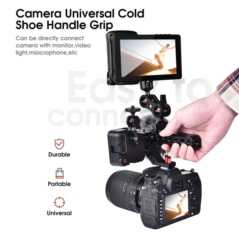 UTEBIT Camera Hot Shoe Top Handle Grip with 1/4" 3/8" Screw Thread, Universal Video Stabilizer Rig with 3 Cold Shoe Adapters to Mount DSLR Camera with Microphone/LED Light/ Monitor/Phone/Magic Arm