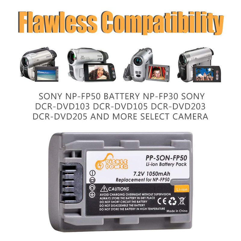 NP-FP50 NP-FP51 Pickle Power (x2) Batteries and Dual Slots USB Charger Compatible with Sony DVD HandyCam DCR-DVD105 DCR-DVD202E DCR-DVD92 DCR-SR100 DCR-HC18E Camcorders. (1050mAh, 7.2V)