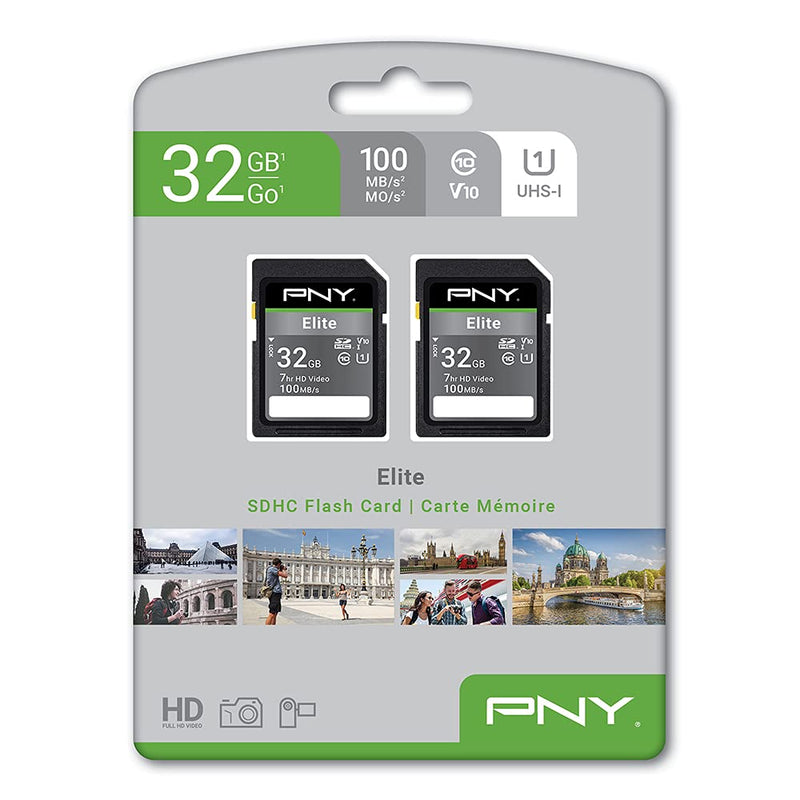 PNY 32GB Elite Class 10 U1 V10 SDHC Flash Memory Card 2-Pack - 100MB/s, Class 10, U1, V10, Full HD, UHS-I, Full Size SD 32GB 2-Pack