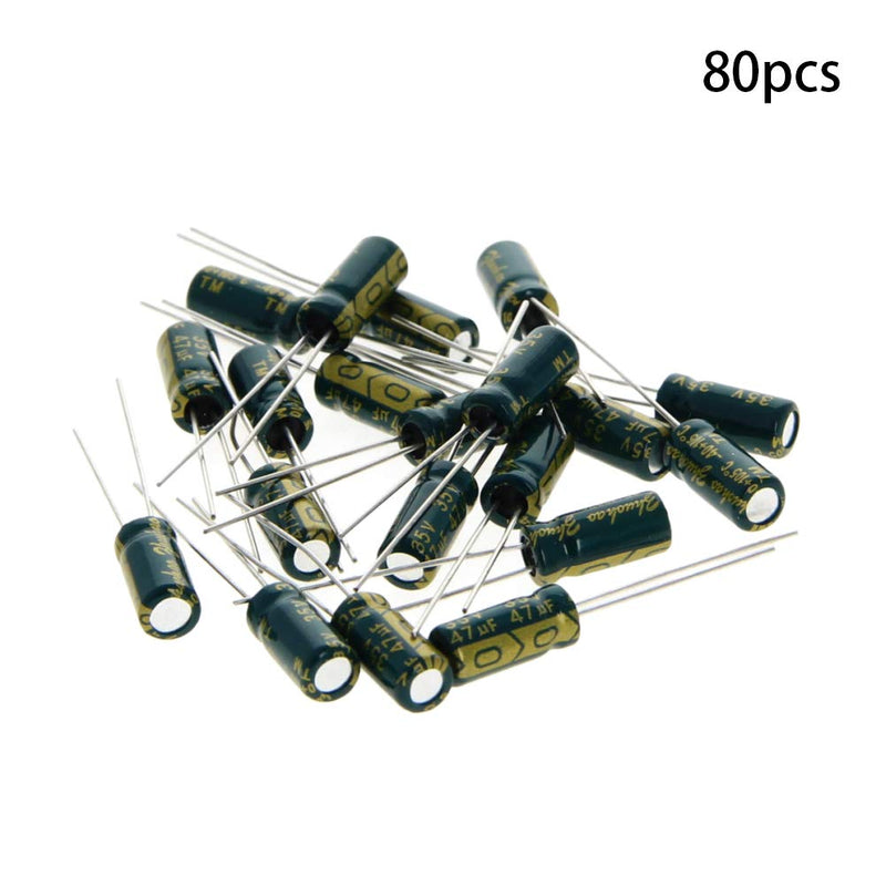 Fielect 80Pcs Aluminum Radial Electrolytic Capacitor 47uF 35V Low ESR Green 5x11mm High Ripple Current,Low Impedance for TV, LCD Monitor, Radio, Stereo, Game