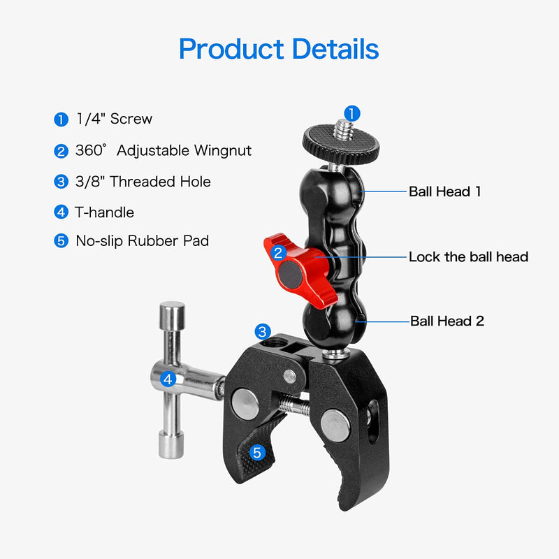 Multi-Function Camera Mount Clamp with 360° Ballhead Arm,Magic Arm Mount Bracket for DSLR Camera/Field Monitor/LED Ball Arm-Red