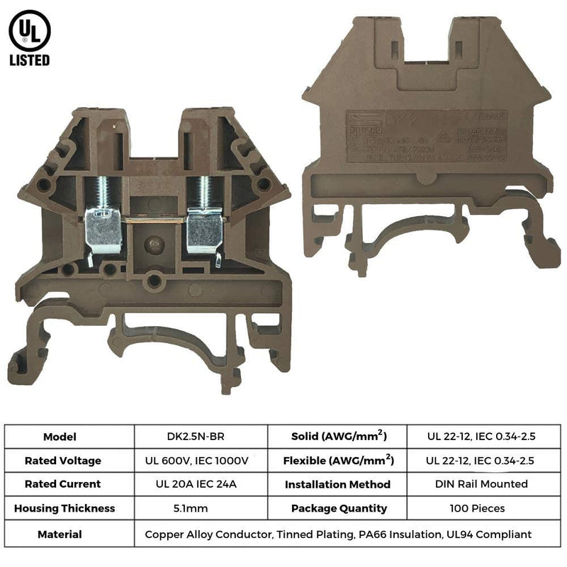 Dinkle Brown DK2.5N-BR DIN Rail Terminal Block Screw Type UL 600V 20A 12-22AWG, Pack of 50