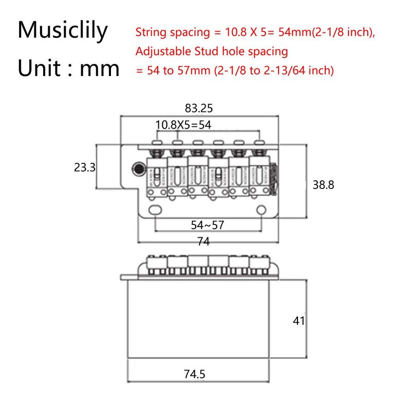 Wilkinson WV2-SB 54mm Vintage Steel Saddles 2-Point Guitar Tremolo Bridge with Full Solid Steel Block for Import Strat and Japan Strat Guitar, Chrome