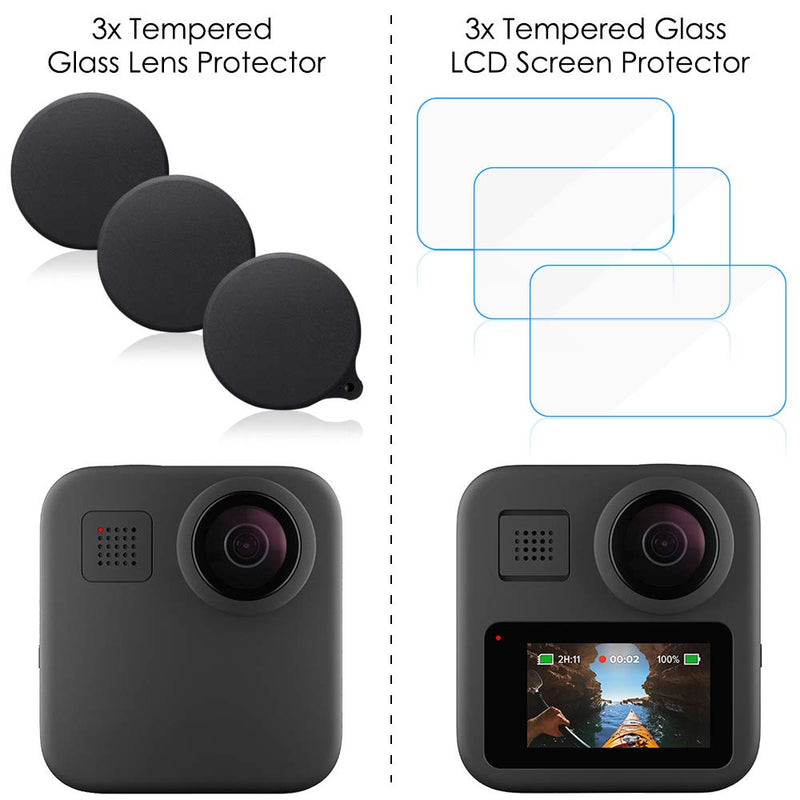 3 Pcs Screen Protector & 3 Pcs Lens Protector Cap Cover for Go Pro Max, AFUNTA Anti-Scratch Tempered Glass Film Accessory and Lens Protector Scratch Prevention