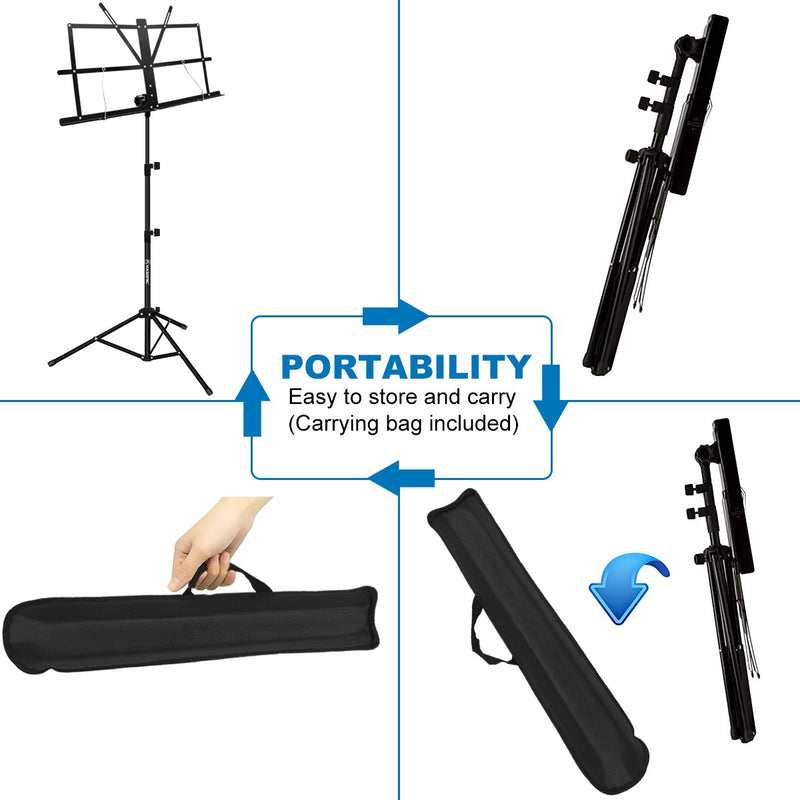 Music Stand, Kasonic 2 in 1 Dual-Use Folding Sheet Music Stand & Desktop Book Stand, Portable and Lightweight with Music Sheet Clip Holder & Carrying Bag Suitable for Instrumental Performance