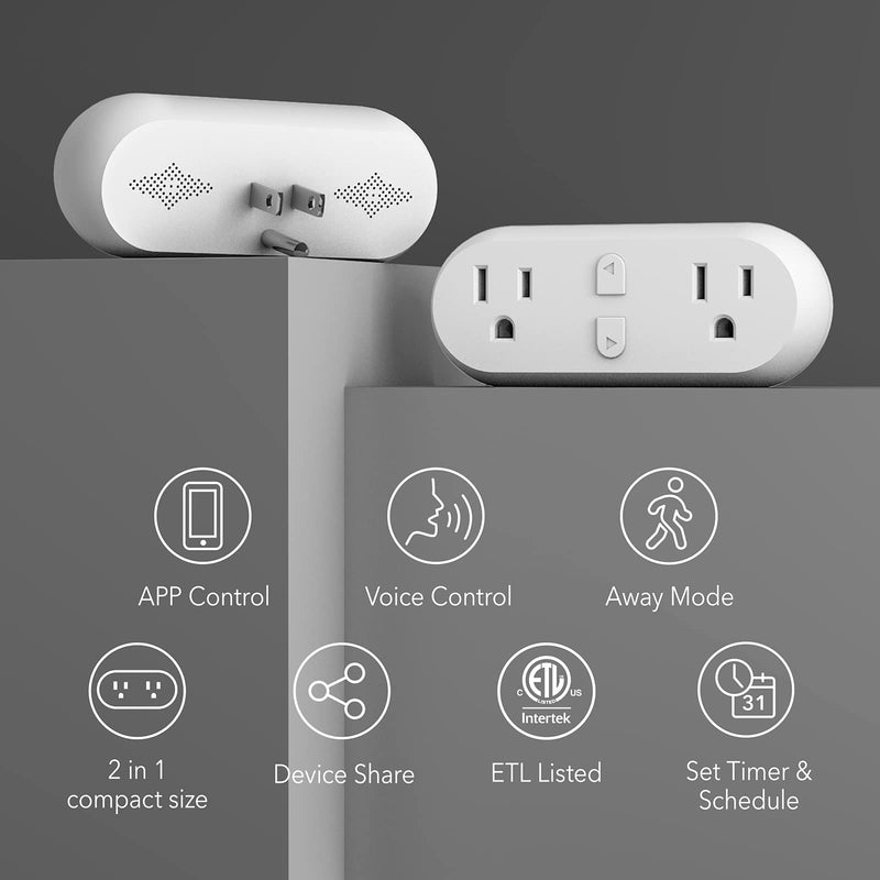 HBN Smart Plug 15A, WiFi&Bluetooth Outlet Extender Dual Socket Plugs Works with Alexa, Google Home Assistant, Remote Control with Timer Function, No Hub Required, ETL Certified, 2.4G WiFi Only, 2-Pack 2 Pack
