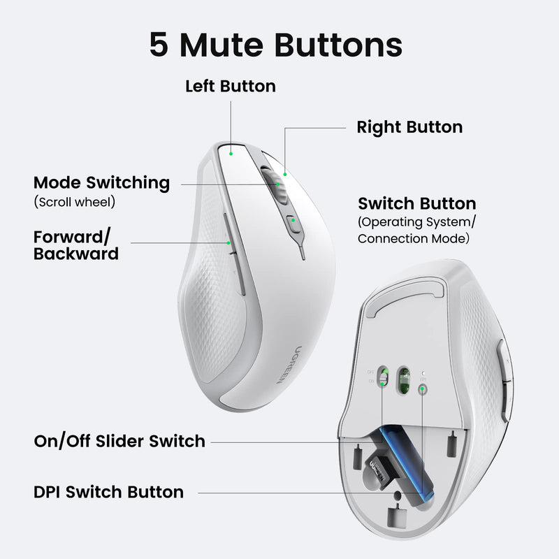 [AUSTRALIA] - UGREEN Wireless Mouse, Ergonomic Bluetooth 5.0 Mouse for Laptop, 2.4G Cordless Mouse with USB Receiver, 1000/1600/2000/4000 DPI, 5 Buttons Silent Mice for MacBook, PC, Desktop, Chromebook, White 