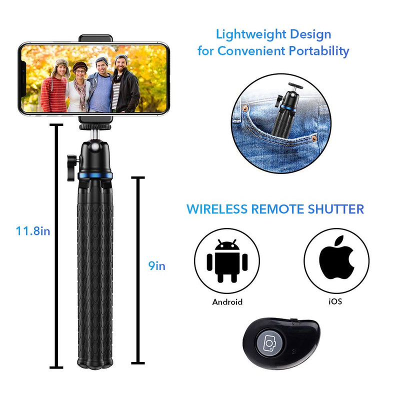 Phone Tripod, Apexel Flexible Tripod Stand with Wireless Remote Shutter and Universal Clip,Compatible with iPhone, Android Phone, Sports Camera GoPro
