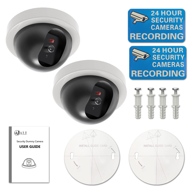 WALI Dummy Fake Security CCTV Dome Camera with Flashing Red LED Light with Security Alert Sticker Decals (SDW-2), 2 Packs, White
