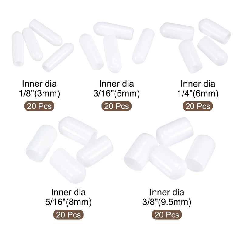 MECCANIXITY Round End Caps Rubber Cover 100pcs 1/8" 3/16" 1/4" 5/16" 3/8" White Screw Protector for Screw Bolt Pipe