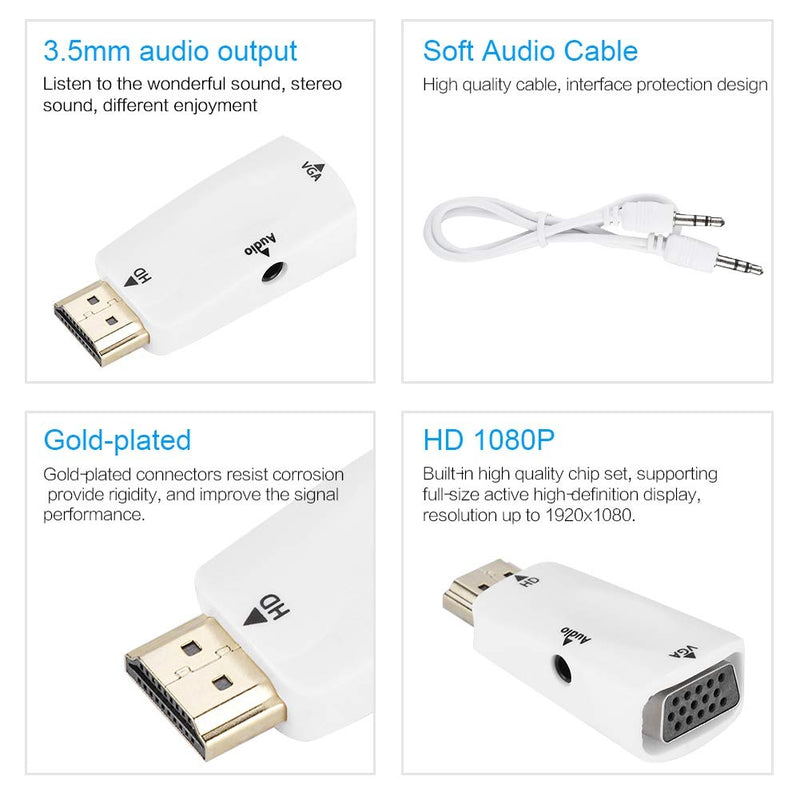 Sonew HD 1080P HDMI Female to VGA Female Converter Adapter with 3.5mm Audio Output Cable for PC/Laptop/DVD/Desktop/Flat Panel/Digital STB/Player(White) White