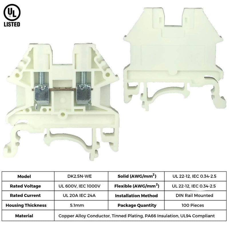 Dinkle White DK2.5N-WE DIN Rail Terminal Block Screw Type UL 600V 20A 12-22AWG, Pack of 50