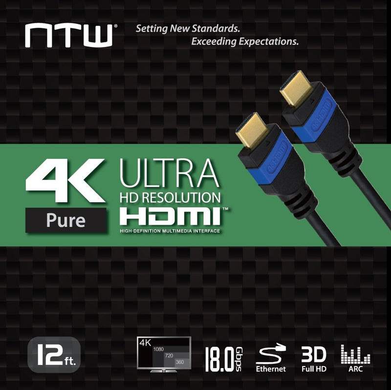 NTW PURE Ultra 4K HDMI Cable 12FT High Speed HDMI 2.0 Cable, 4K HDR, 3D, 2160P, 1080P, Ethernet - HDMI Cord, Audio Return(ARC) Compatible PS5, PS4/3, UHD TV, Blu-ray, Xbox, PC, Monitor, black/blue 12 Feet 1 Pack