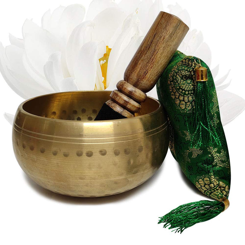 Hand Crafted Tibetan 4 Inch Hammered Singing Bowl Set By Trumiri - Helpful for Meditation Chakra Healing Relaxation Peace Mindfulness with Premium Tulsi Beads, Flag, Mallet, Cushion & Potli (Bag)