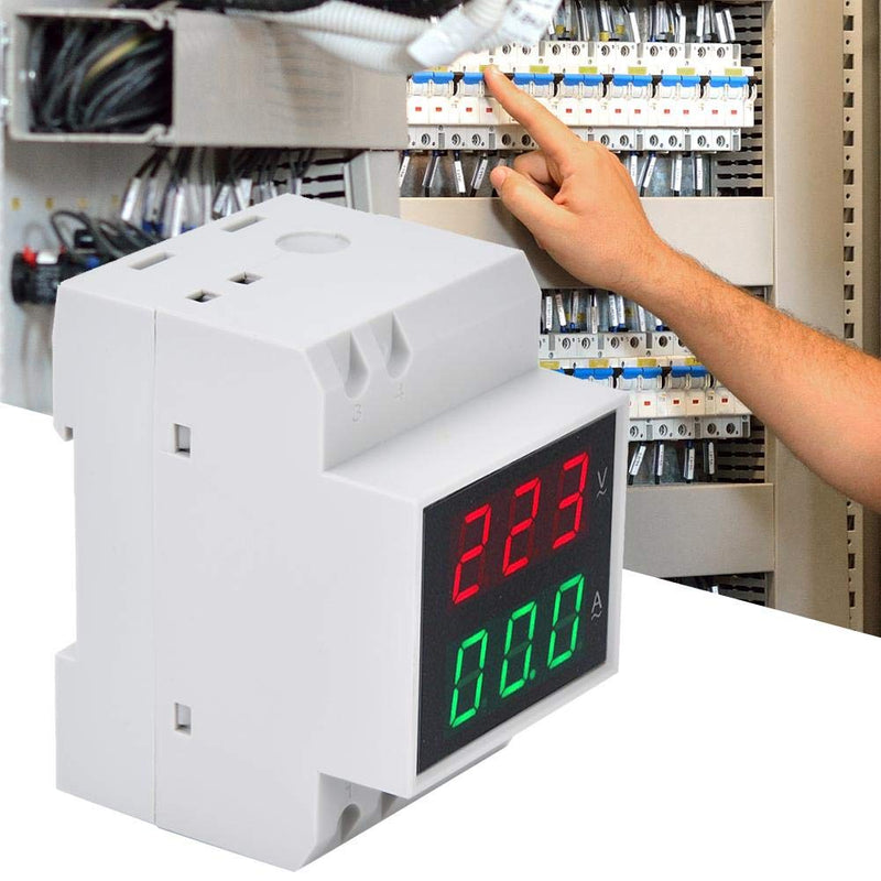 DIN Rail Voltage Ampere Meter, AC80-300V AC0-99.9A Multi-Functional Digital Din Rail Current Voltage Power Meter Ammeter Voltmeter, Din Rail Dual Led Display Digital AC Voltmeter Ammeter