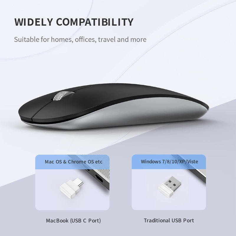 Uiosmuph Wireless Mouse, USB C Rechargeable Computer Mouse, Slim Silent Mice 2.4GHz Optical with USB Nano Receiver and Type C Receiver for Laptop/Mac/PC Matte Black