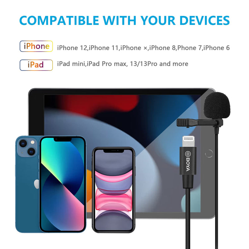 BOYA Lavalier Lightning Microphone for iOS iPhone 11 Vlog, 20 ft/6m by-M2 Lapel Universal Mic with Lightning Plug Adapter for iPhone 11 10 X 8 7 MAC YouTube Video Facebook Live