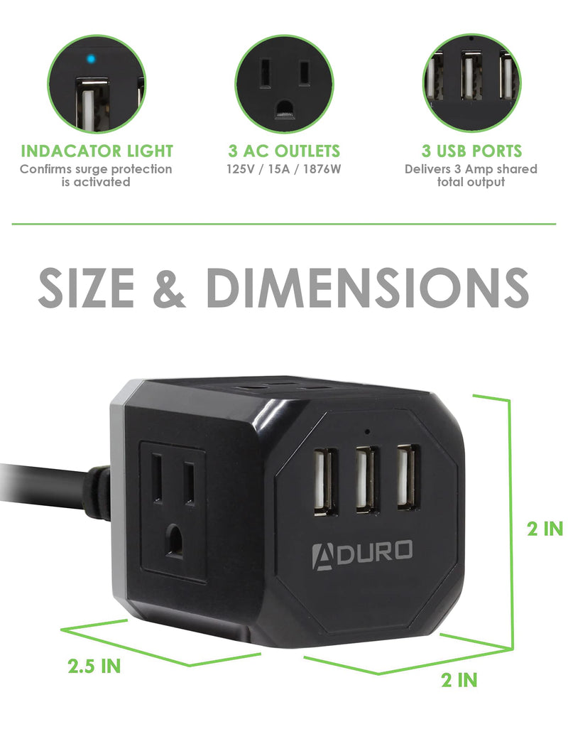 Aduro PowerUp Square Multiple Plugs & USB Power Strip with 3 USB Ports + 3 AC Plug Outlets, Black/Grey