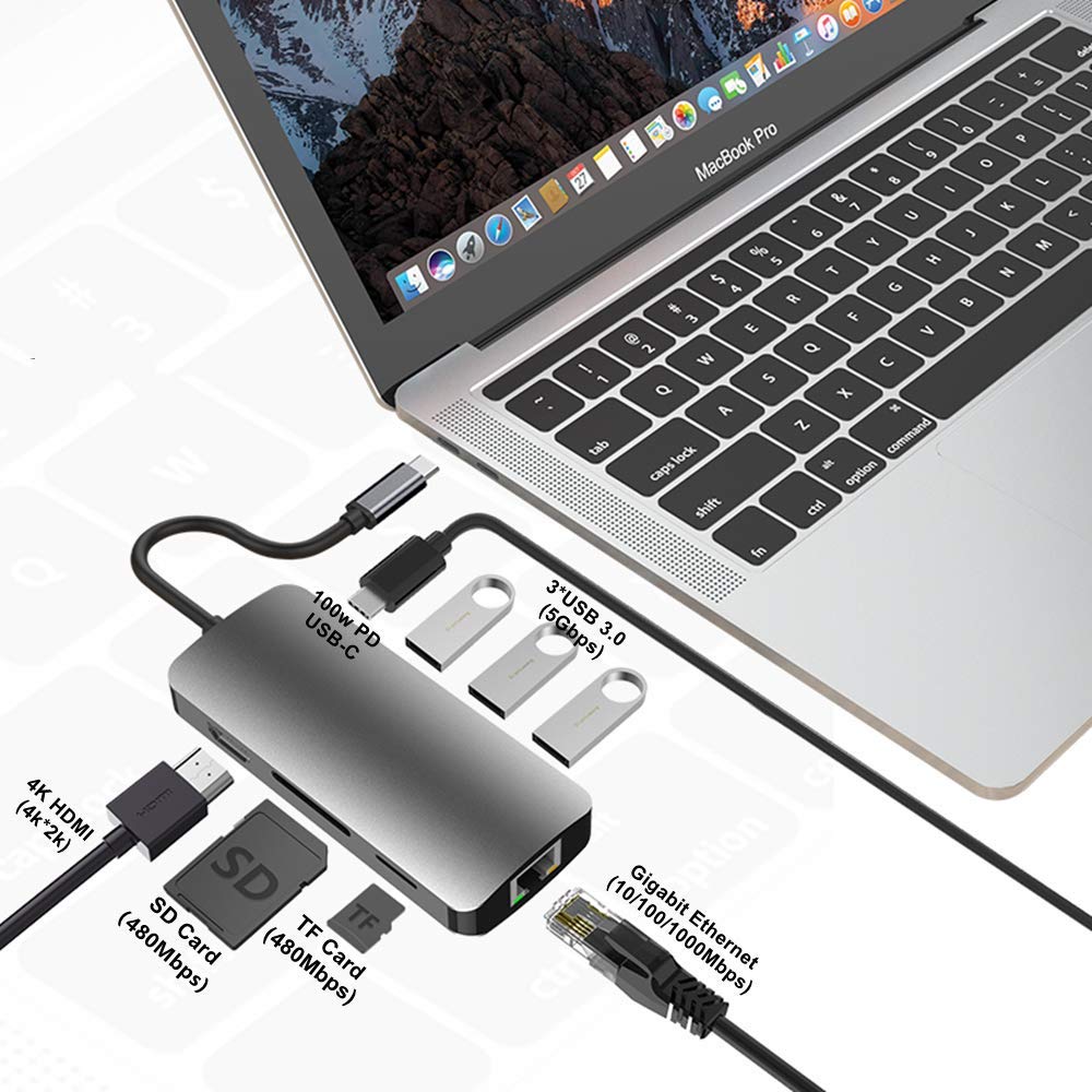 USB C Hub, QGeeM 6 Port USB C to HDMI Adapter with RJ45 Ethernet, 4k HDMI,  2 USB 3.0,100W PD Charging (Thunderbolt 3) Compatible with MacBook Pro, XPS  More Type C Devices 