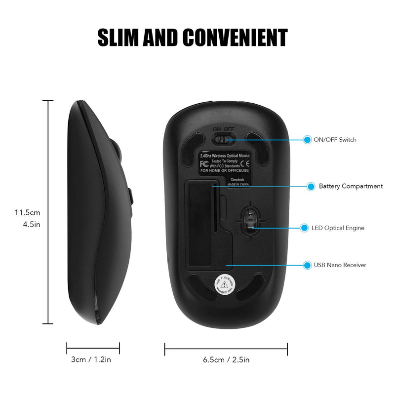 Wireless Computer Mouse, cimetech 2.4G Slim Cordless Mouse Less Noise for Laptop Ergonomic Optical with Nano Receiver USB Mouse for Laptop, Deskbtop, MacBook (BAT Black) BAT Black