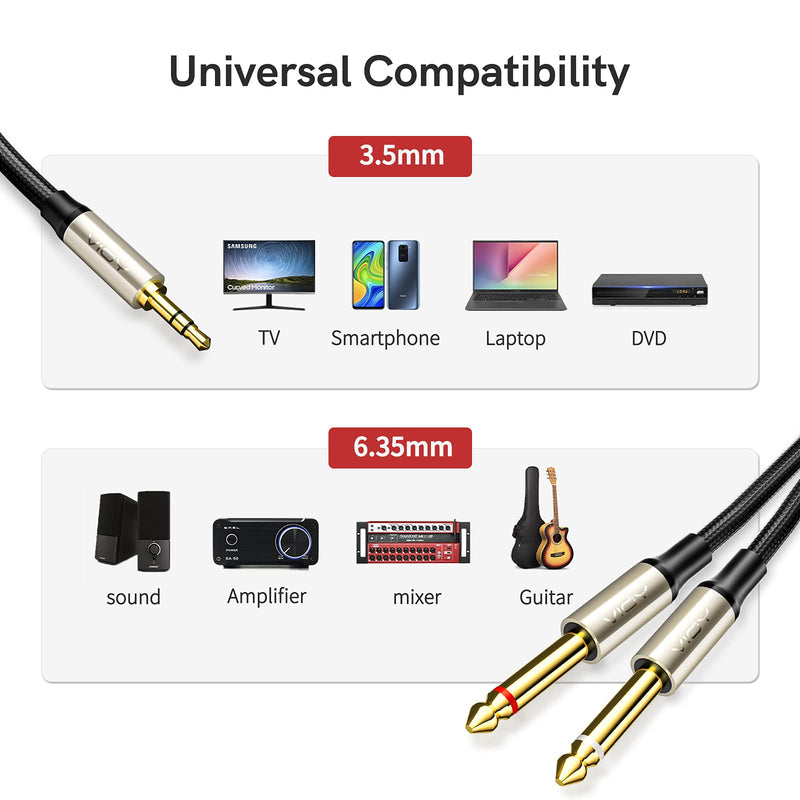 3.5mm to 6.35mm Audio Cable, VIOY 1/8’’ Stereo TRS to Dual 1/4’’ Mono TS Jack Y Splitter Adapter Braided Gold-Plated Digital Interface Instrument Cable for Mixer, Guitar, Amplifier, Audio Recorder 3FT