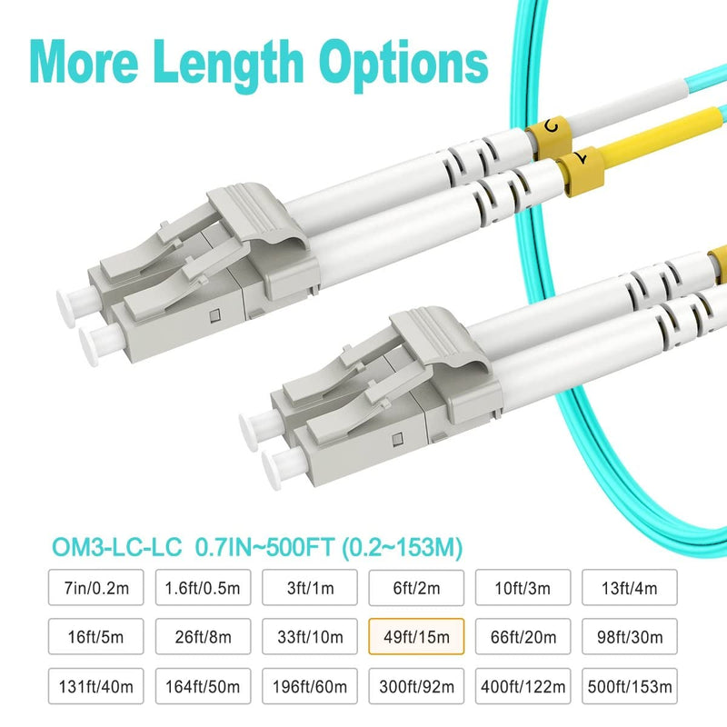 RamboCables 15m(49ft) OM3 LC LC Fiber Patch Cables MMF Multimode, Options 0.2m~122m, LC to LC Fiber Optic Patch Cords Duplex, 50/125μm 10G LSZH 49ft/15m LC-LC