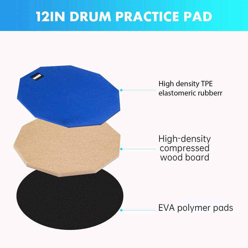 Drum Practice Pad for drumming drum pad and sticks 12 In,Sided With 2 Pairs/4 Maple 5A Drum Sticks & Storage Bag (Blue) Blue
