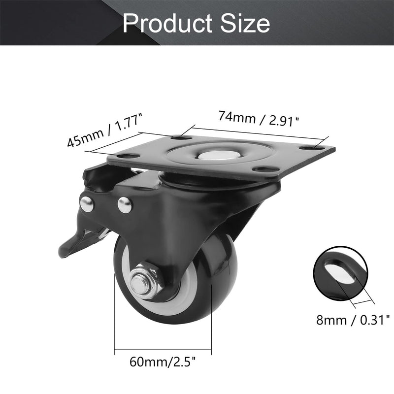 MroMax 2.5 Inch Swivel Caster Wheels PU 360 Degree Top Plate Mounted Caster Wheel with Brake, 176lb Capacity 1Pcs
