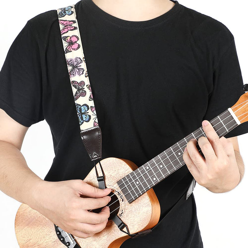 Ukulele Strap No Drill, Eyeshot Adjustable Double J Hook Clip on Uke Shoulder Strap, Hawaiian Butterfly Printing Hands Free Ukelele Strap, Easy to Use and Fit Most Standard Uke Sizes Butterfly Print
