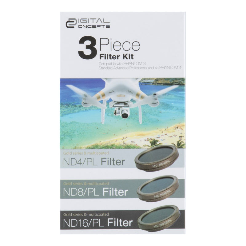 3 Piece Polarized Filter Kit - Includes ND4-ND8-ND16 Gold Edition Filters for DJI Phantom 3 4K, DJI Phantom 3 Advanced, DJI Phantom 3 Pro, DJI Phantom 4 Quad-copters