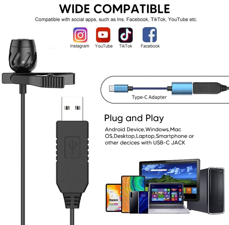 USB Lavalier Microphone 23 FT USB C Omnidirectional Lapel Clip on Mic for Computer, PC, Laptop, Mac, Smartphone, YouTube, Tiktok, Recording, Podcasting, Gaming, Interview 7m