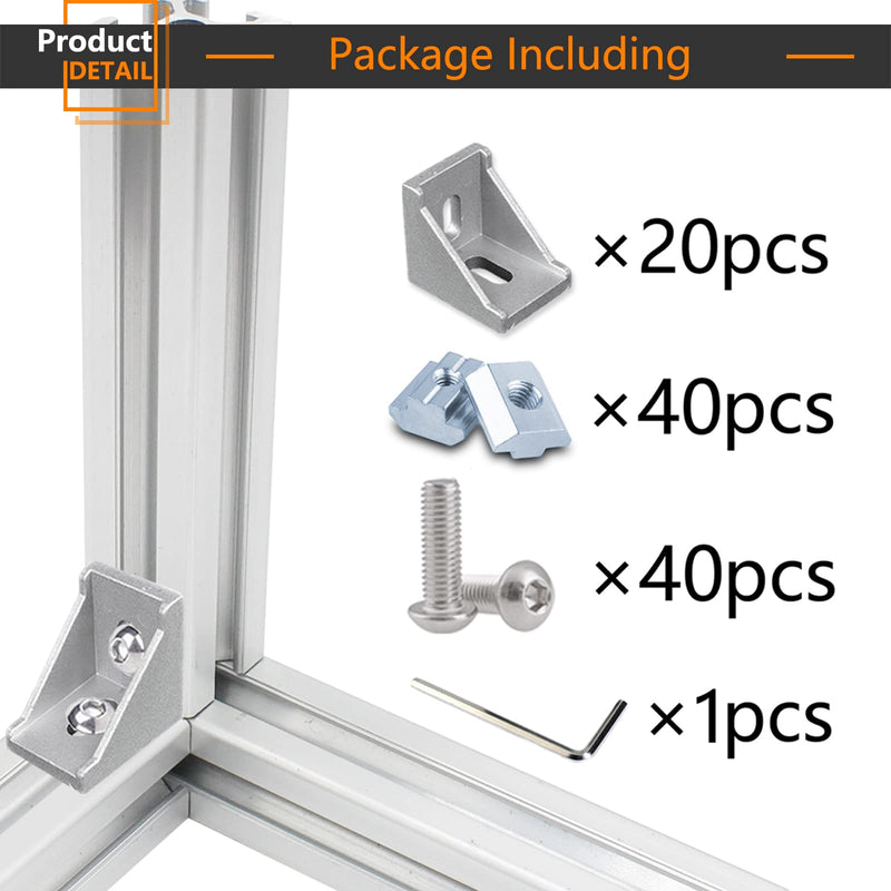 [AUSTRALIA] - 20pcs Aluminum Profile Connector Set,20pcs Corner Bracket,40pcs M5 Slide in T Nuts,40pcs Hex Screw Bolt and 1pcs Wrench for 2020 Aluminum Extrusion Accessories Silver-20Set 