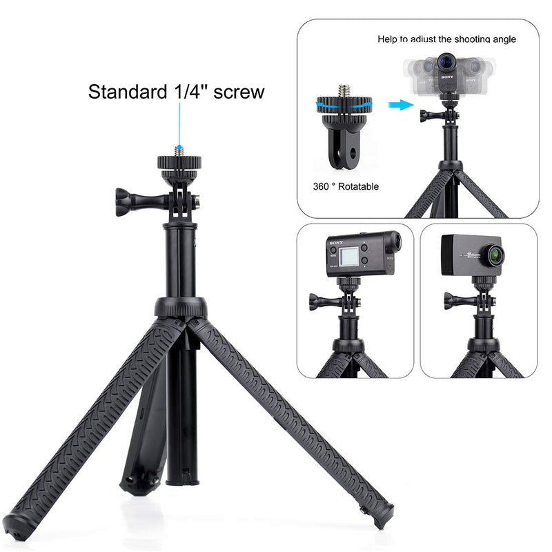 GEPULY Extendable Selfie Stick with Tripod Stand for GoPro Hero 8 7 6 5 4 3 Session Fusion Max, OSMO Action, AKASO, SJCAM, Cell Phones. Functions as Hand Grip, Telescoping Monopod Pole, Tripod Stand
