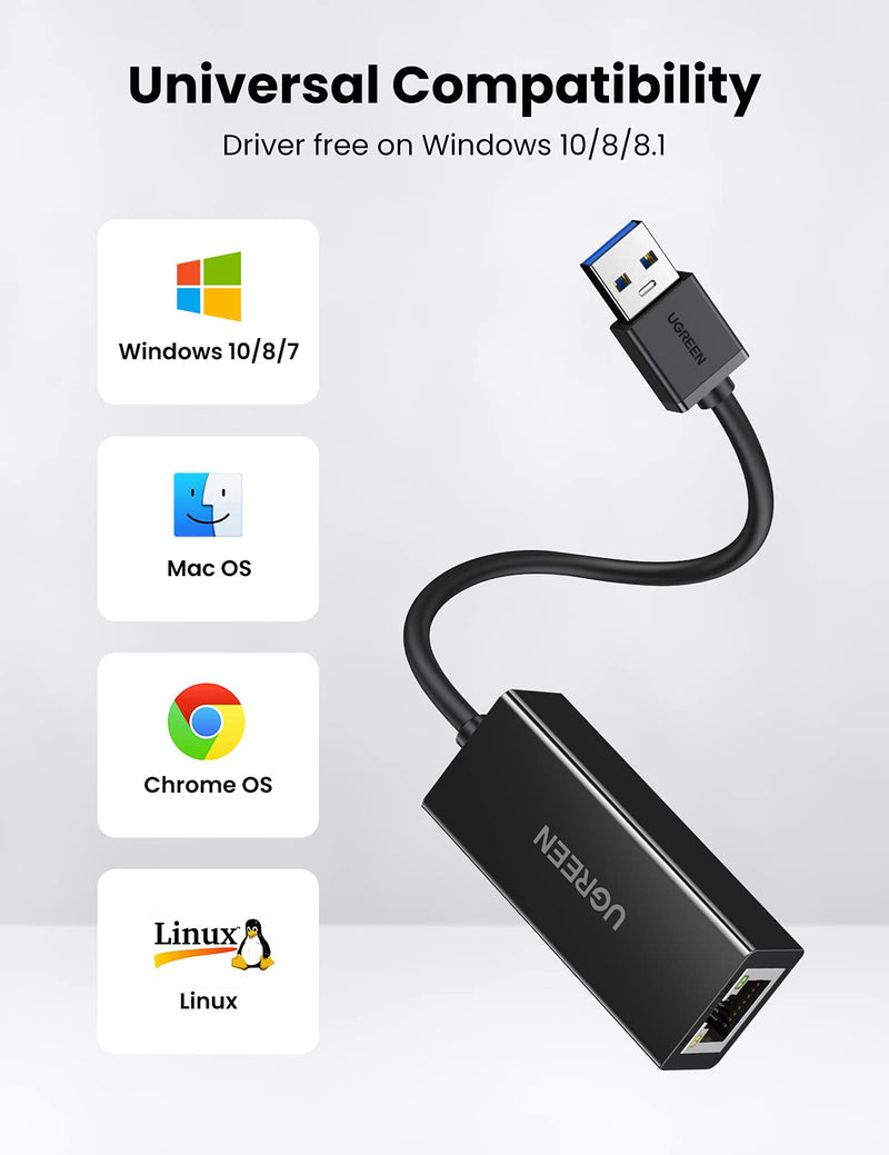 UGREEN USB Ethernet Adapter USB 3.0 to 10 100 1000 Gigabit Ethernet LAN Network Adapter Ethernet Compatible for Nintendo Switch MacBook Surface Pro Laptop PC Black
