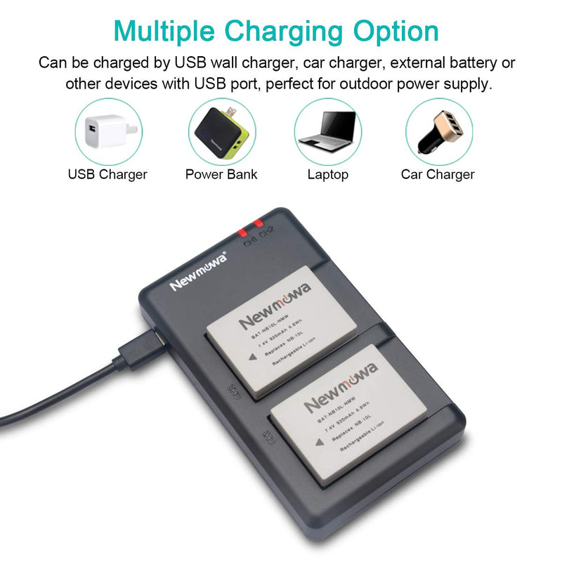 Newmowa NB-10L Battery (2 Pack) and Dual USB Charger Kit for Canon NB-10L, CB-2LC and Canon PowerShot G1 X, G15, G16, SX40 HS, SX50 HS SX60 HS Digital Cameras