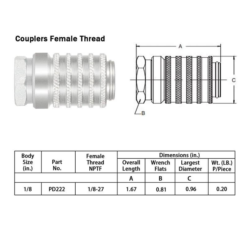 [AUSTRALIA] - PD222 Series PD Steel Test Port and Diagnostic Equipment Quick Coupler with Female Pipe Thread, 1/8" Body Size, 1/8"-27 NPTF Thread Size, 1.67" Length 