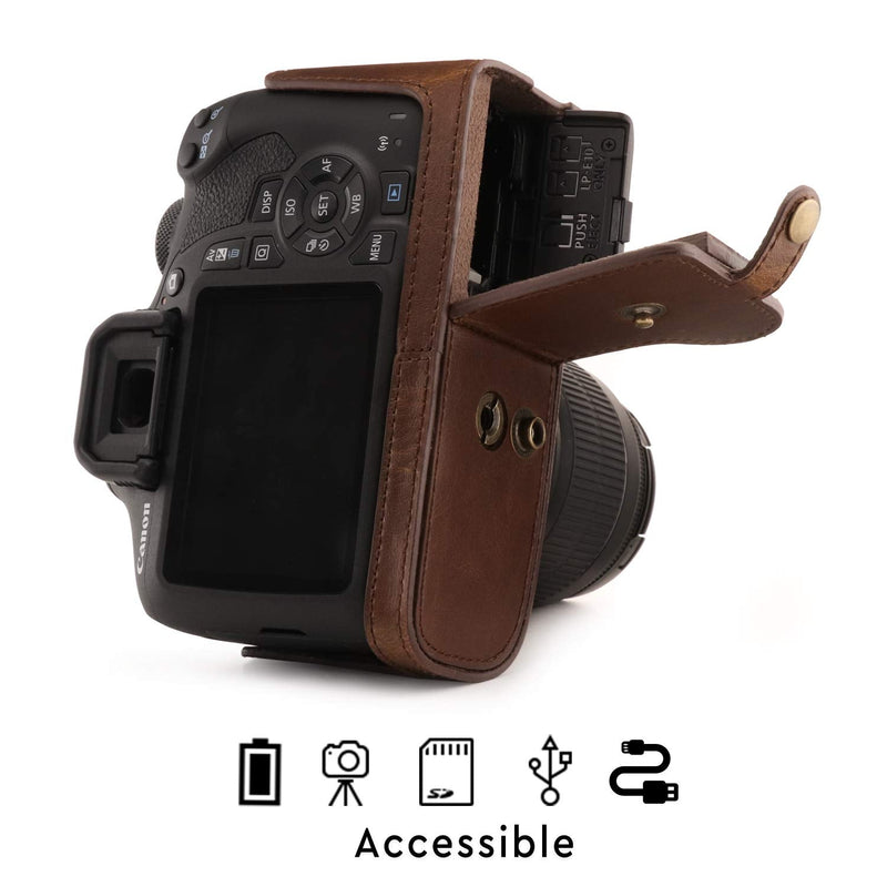 MegaGear MG1608 Ever Ready Leather Camera Case compatible with Canon EOS Rebel T7 (18-55mm), 2000D (18-55mm) - Dark Brown