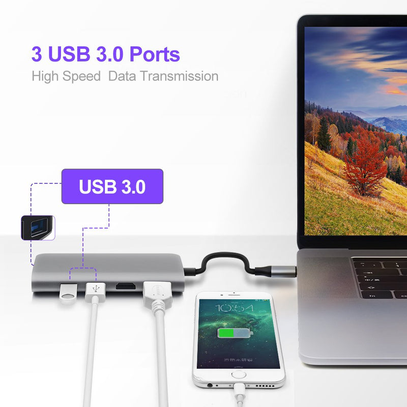 Ansbell USB C Hub Ethernet - 9 in 1 Multiport Portable Aluminum Adapter for MacBook Pro / Chromebook / XPS Charging with 4K Dual HDMI | 3 USB 3.0 | SD/TF Card Reader | 87W Power Delivery | Android Gray