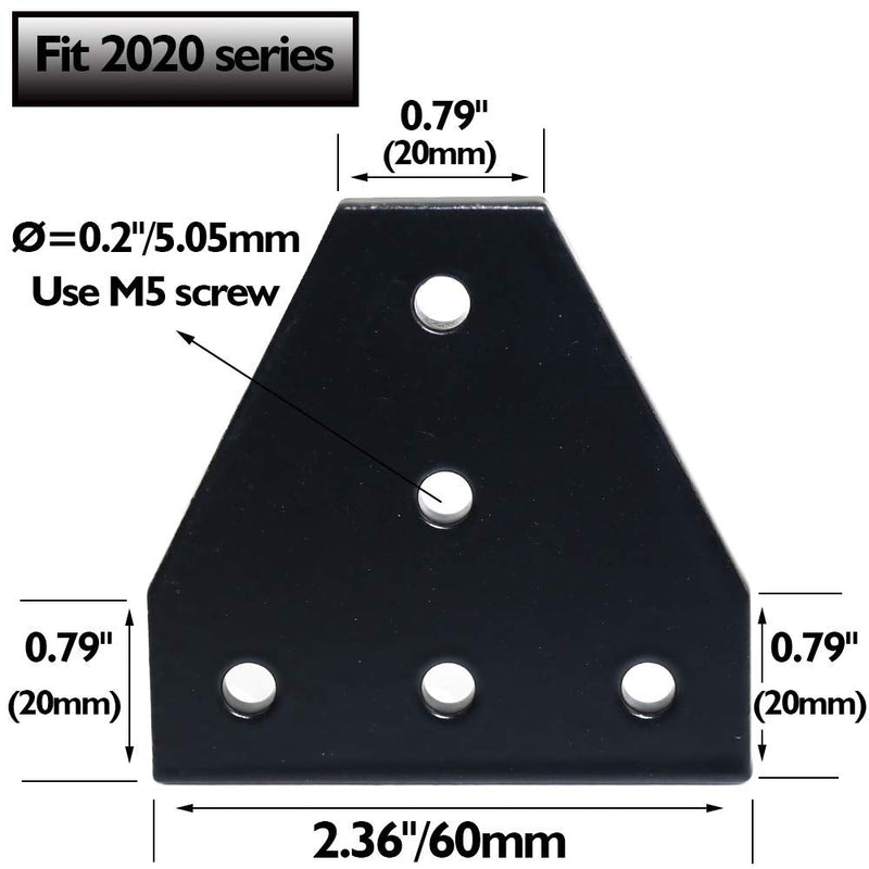 Boeray 4pcs 2020 Corner Bracket Plate Anodised T Shape 5 Hole 90 Degree Outside Joining Plate for 20 x 20mm Series Aluminum Extrusion Profile Black 4 2020 T Shape-4Pcs