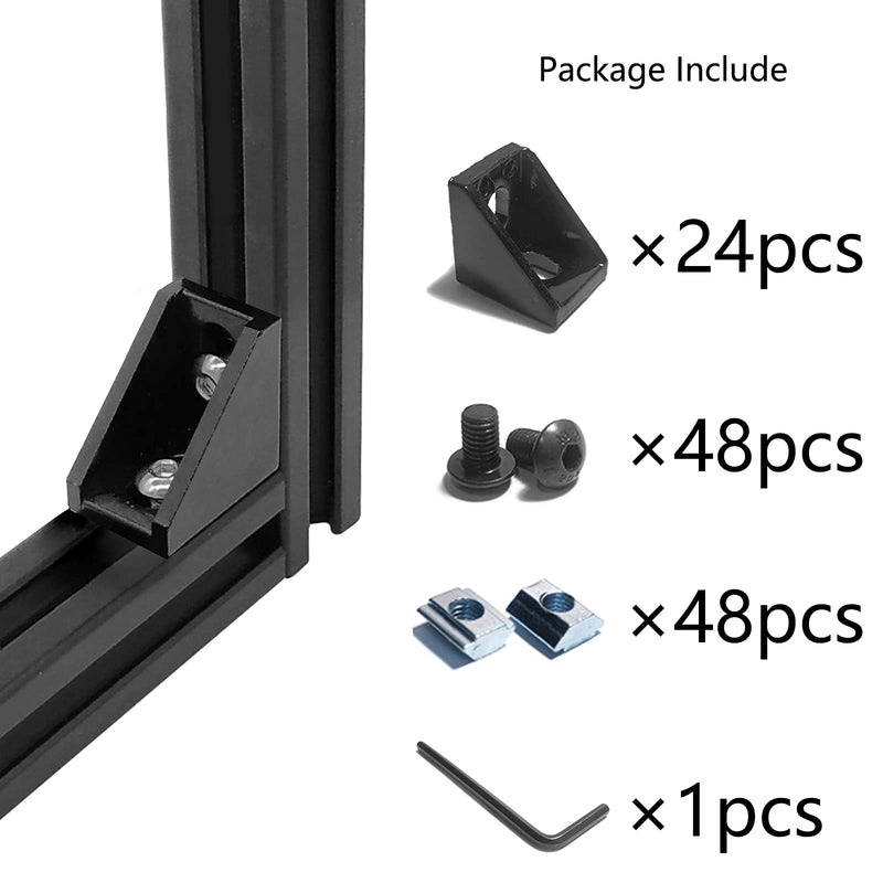24 Sets Black 2020 Series Aluminum Extrusion Profile Connector Set,24 pcs Corner Brackets,with 48 pcs T-Nuts and Hex Screw Bolt for 6mm 20S T Slot Aluminum Profile Accessories ‎24Set Black with Screw Nut