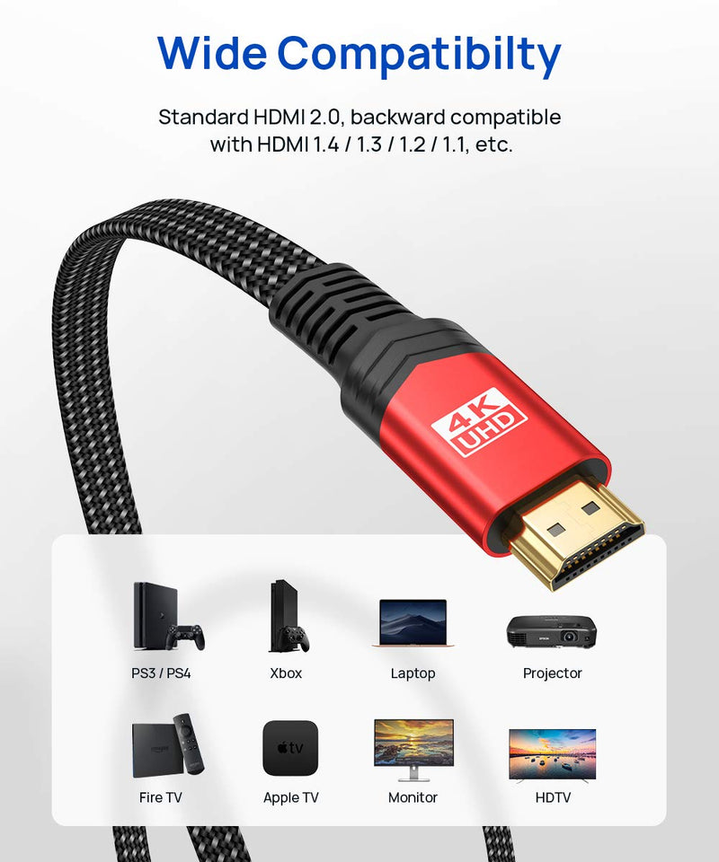4K Flat HDMI Cable 6.6ft, JSAUX High Speed HDMI 2.0 Cable 18Gbps 4K 60Hz Braided HDMI Cord, Support 3D 4K HDR 2160P 1080P HDCP 2.2 ARC Ethernet, Compatible with UHD TV, PC (Red) Red