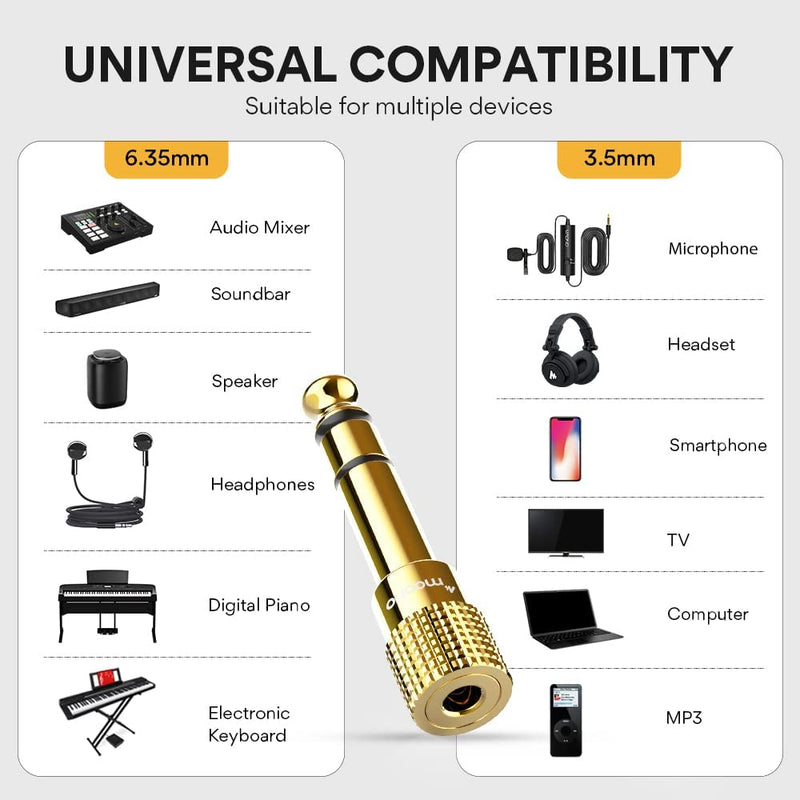 MAONO 6.35mm 1/4 Male to 3.5mm 1/8 Female Stereo Headphone Adapter Converter for Audio Interface, Mixer, Guitar, Electric Piano, Amp, AD03 (Gold Plated, 3PCS)