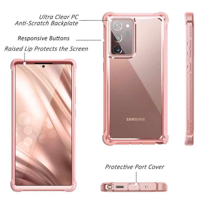 Dexnor for Galaxy Note 20 Ultra Case with Screen Protector Clear Electroplated Metal 360 Full Body Rugged Protective Shockproof Hard Cover Heavy Duty Defender Bumper for Samsung Note 20 Ultra 5G Pink Pink With Screen Protector