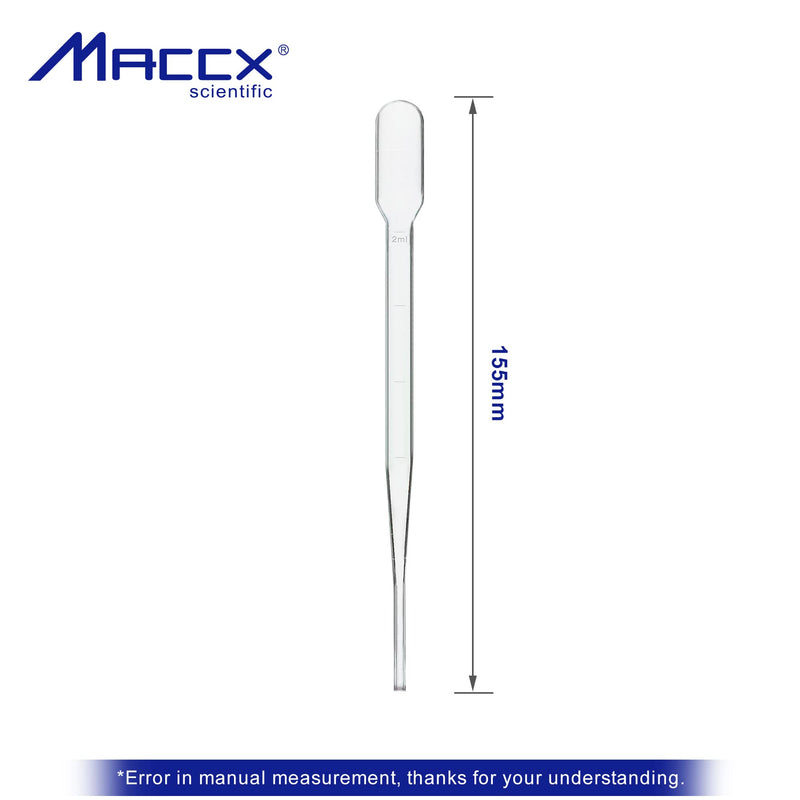 Maccx 100pcs Sterile Transfer Pipettes, Vol. 5ml, 2ml Graduated, 155mm Long, Essential Oils Pipettes, Low-Density Polyethylene Material, Individual Peel-Pack, TPP5155-100 Vol.5ml
