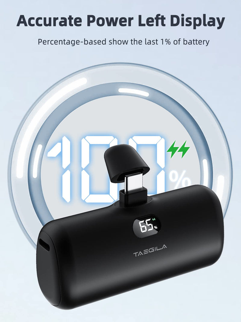 Taegila Portable Charger Android USB Type C Power Bank 5000mAh, Mini Cell Phone Battery Pack with Built-in Cable & LCD Display for All Android Phone/Samsung Galaxy S22,S21/Note/Moto/LG/Pixel/Nexus
