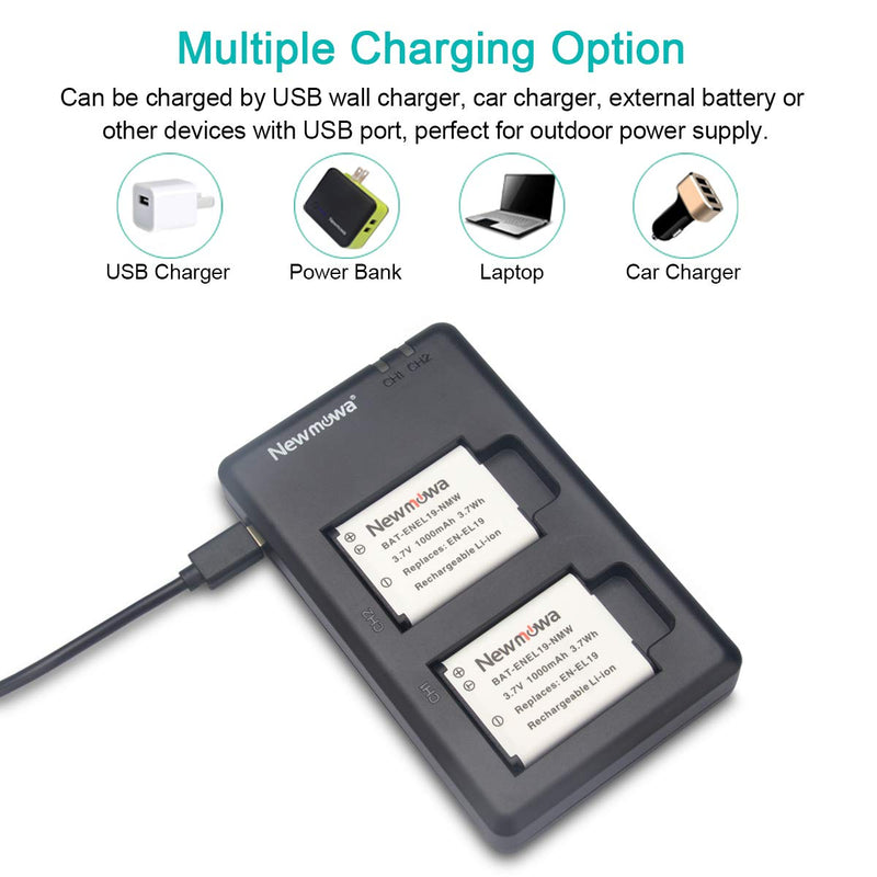 Newmowa EN-EL19 Battery(2-Pack) and Dual USB Charger Kit for Nikon Coolpix S32, S33,S100, S2800, S3100, S3200, S3300, S3500, S3600, S3700, S4100, S4200, S4300, S5200, S5300, S6500, S6800, S7000