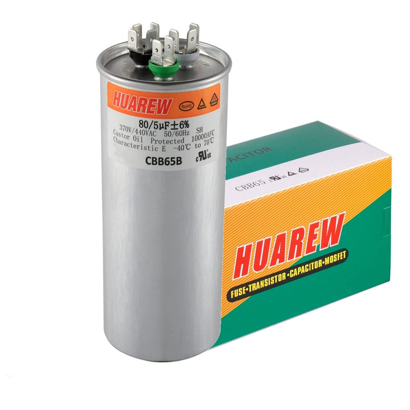 HUAREW 80+5 uF ±6% 80/5 MFD 370/440 VAC CBB65 Dual Run Start Round Capacitor for Condenser Straight Cool or Heat Pump Air Conditioner or AC Motor and Fan Starting