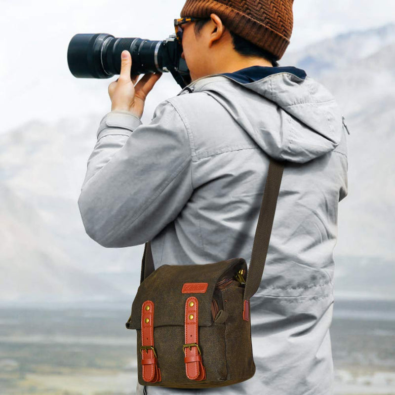 CADeN Compact Camera Bag Case Canvas Leather Trim Compatible for Nikon, Canon, Sony Mirrorless Camera and Lenses Waterproof, Camera Shoulder Messenger Bag Brown Small