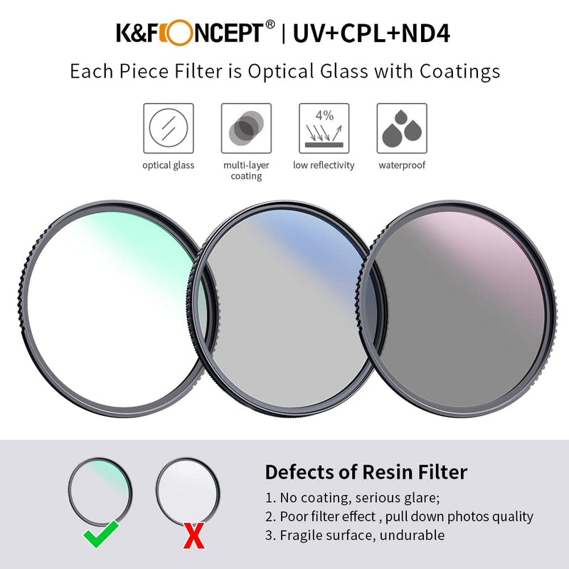 K&F Concept 46mm UV/CPL/ND Lens Filter Kit (3 Pieces)-18 Multi-Layer Coatings, UV Filter + Polarizer Filter + Neutral Density Filter (ND4) + Cleaning Pen + Filter Pouch for Camera Lens (K-Series)